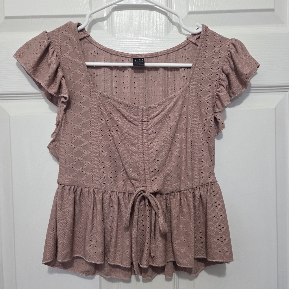 Women Butterfly Sleeve Lettuce Trim Peplum Dusty Pink Boho Crop Top Size Small - Picture 5 of 11